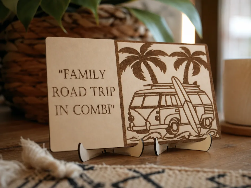 Panneau décoratif en bois avec van combi et palmiers + supports