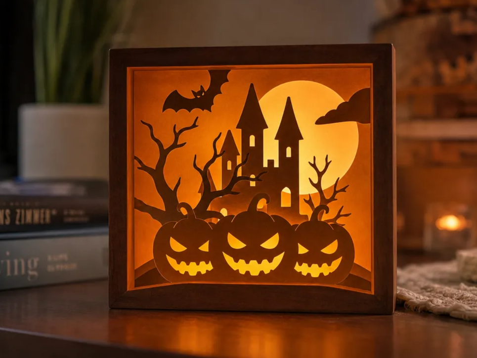 Halloween Haunted Castle and Pumpkin Shadow Box Light