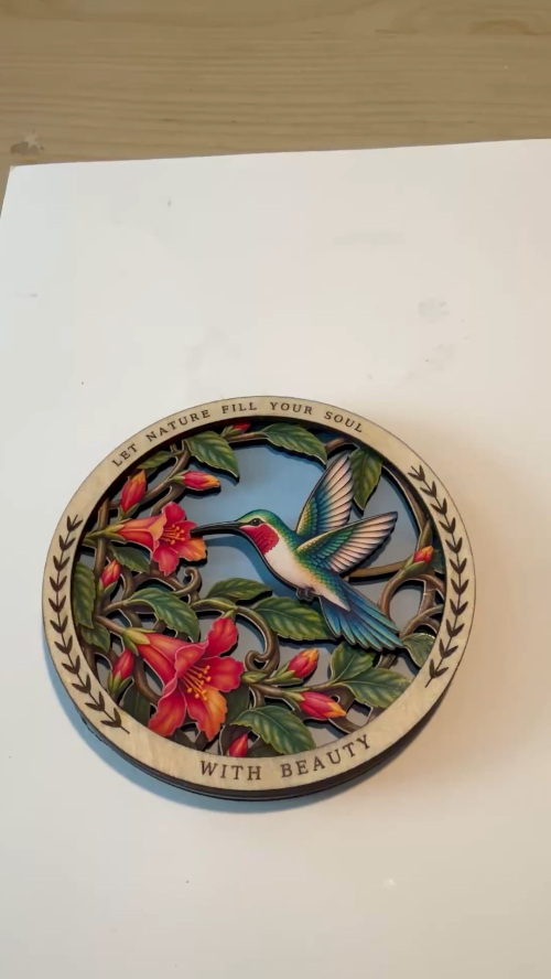 [Laser cut and engrave,Inkjet printing] Hummingbird and Flower Circular Tabletop Sign with Inspirational Quote