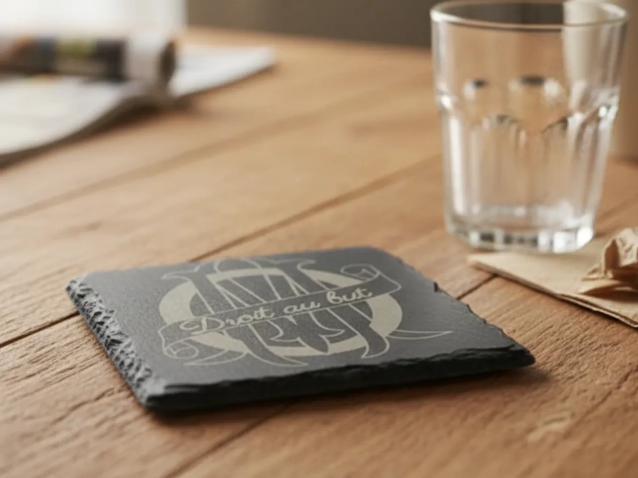 [Laser cut and engrave] Sous-verre en ardoise avec logo Olympique de Marseille et devise Droit au But