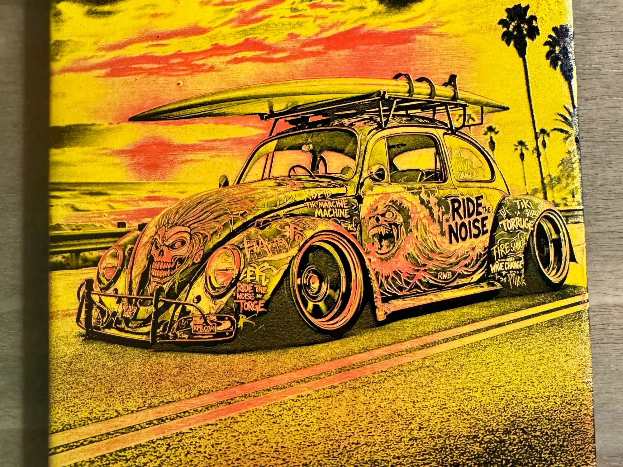 Vintage Beetle Car Wall Art with Surfboard and Skull Graphic