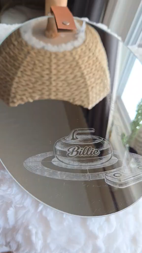 [Laser cut and engrave] Oval Curling Themed Wall Hanging with Broom and Stone Illustration