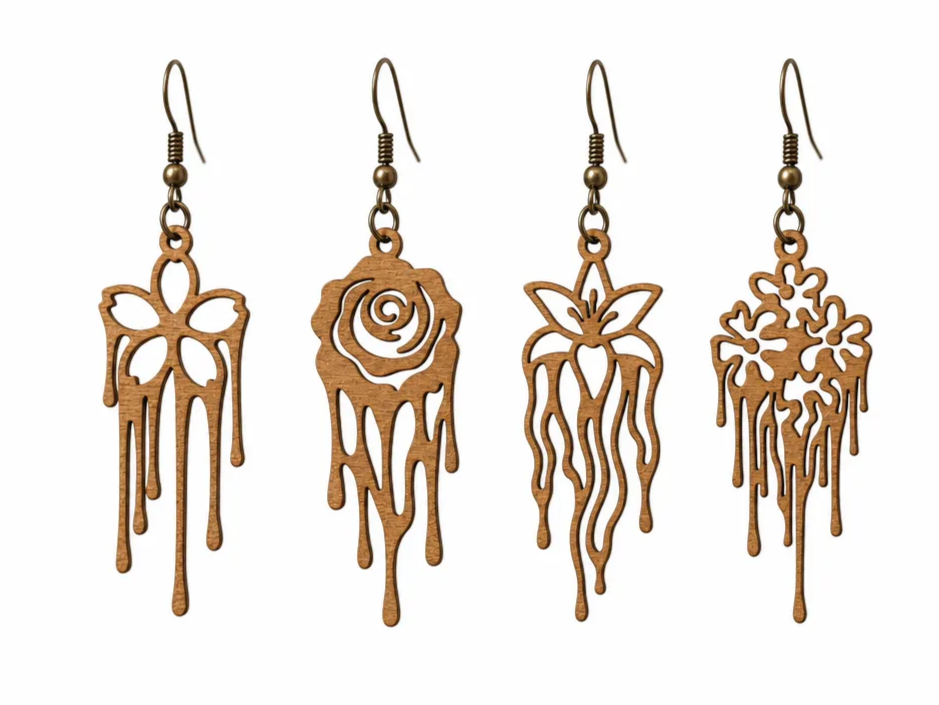 Floral Drip Design Wooden Dangle Earrings