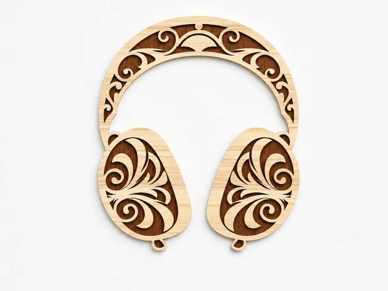 [Laser cut and engrave] Decorative Wooden Headphones Wall Art with Intricate Filigree Patterns - Laser Cut Design
