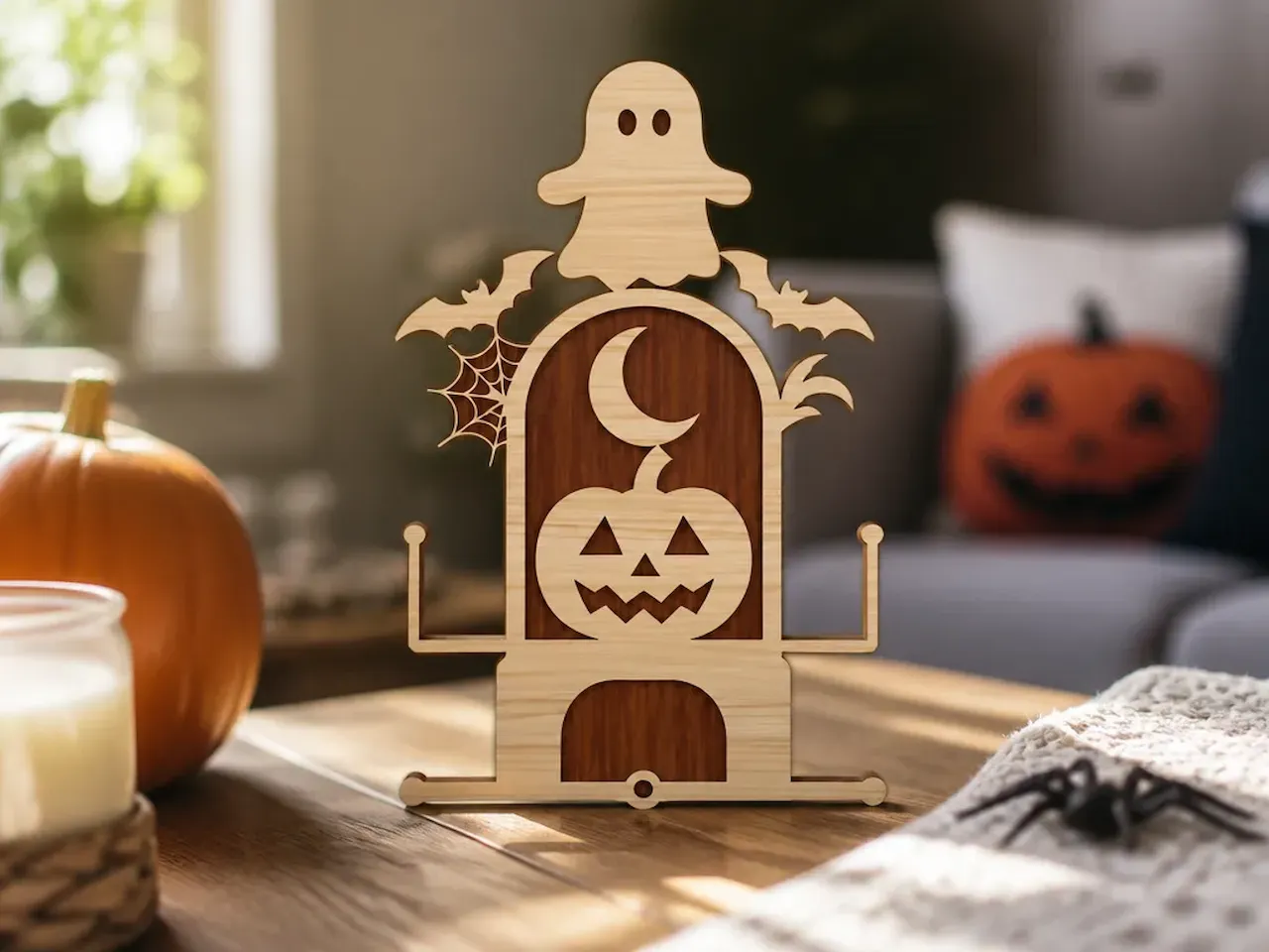 [Laser cut and engrave] Halloween ghost and pumpkin tabletop display with moon and bat motifs