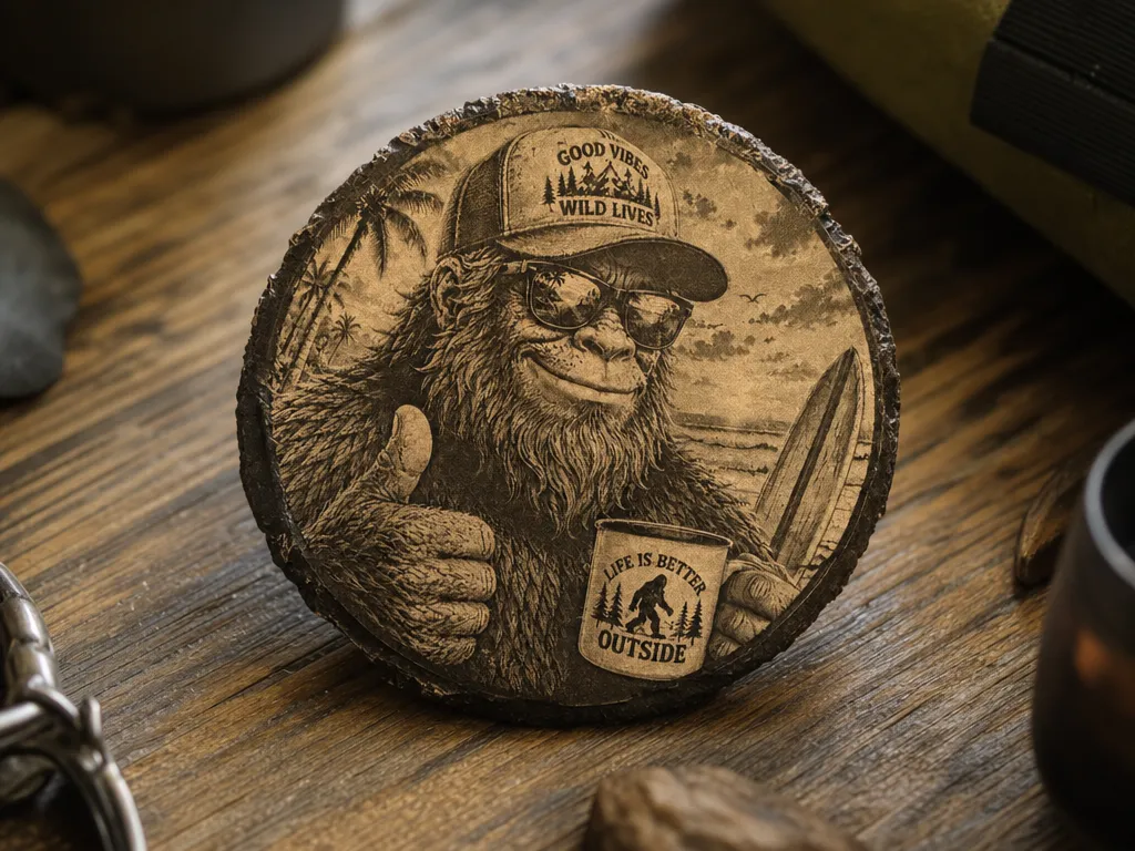 Bigfoot Round Slate Coaster with Good Vibes Wild Lives SurferGraphic