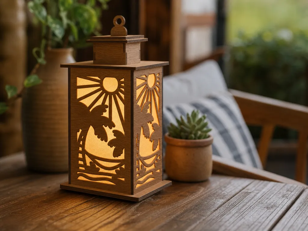 Tropical Beach Scene Wooden Lantern with Palm Tree and Sun Cutout