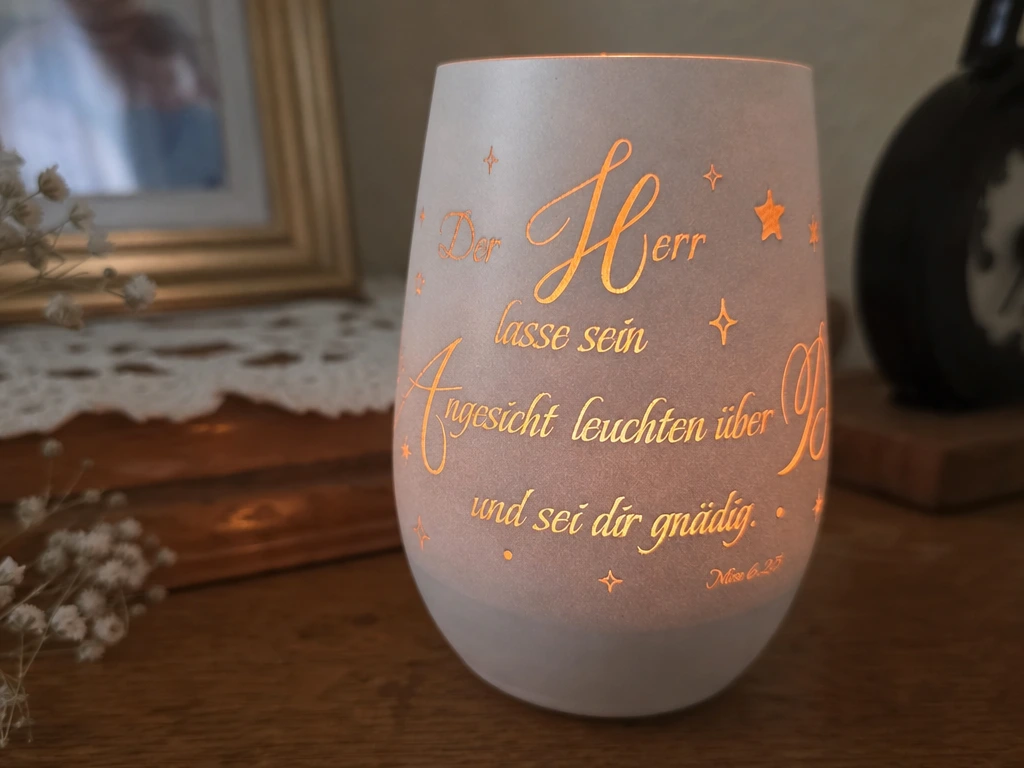 Windlicht mit biblischem Segensspruch und Sternenmotiv, Teelicht-Halter