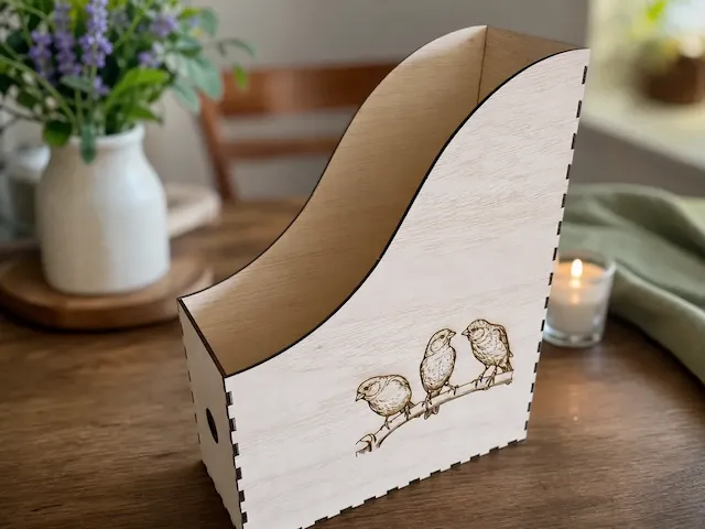 Wooden Magazine Holder with Bird Illustration