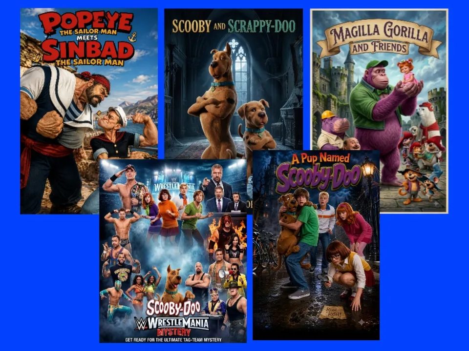 Collection of Classic Cartoon and Wrestling Movie Posters