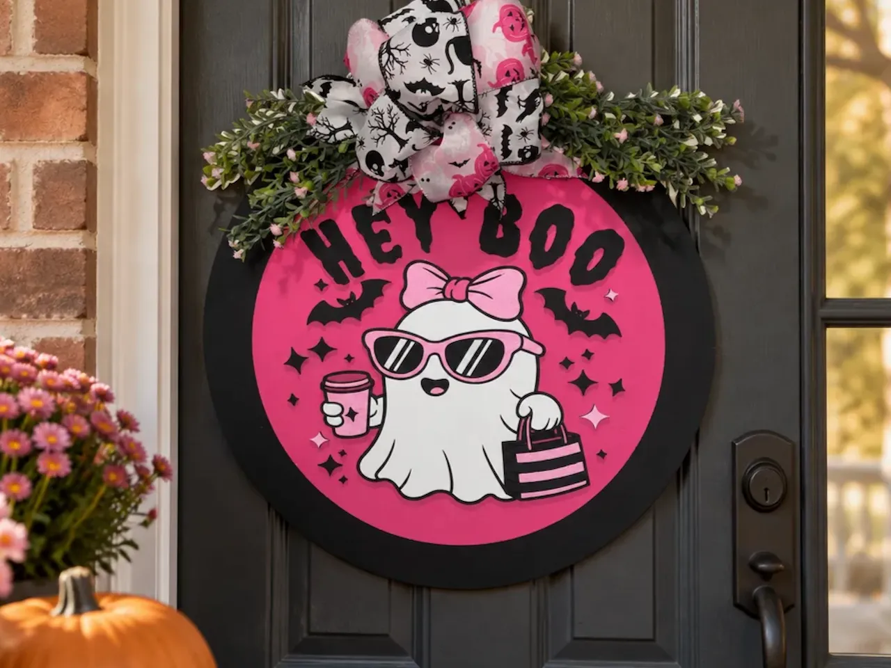 [Laser cut and engrave] Hey Boo Pink Ghost Halloween Front Door Sign