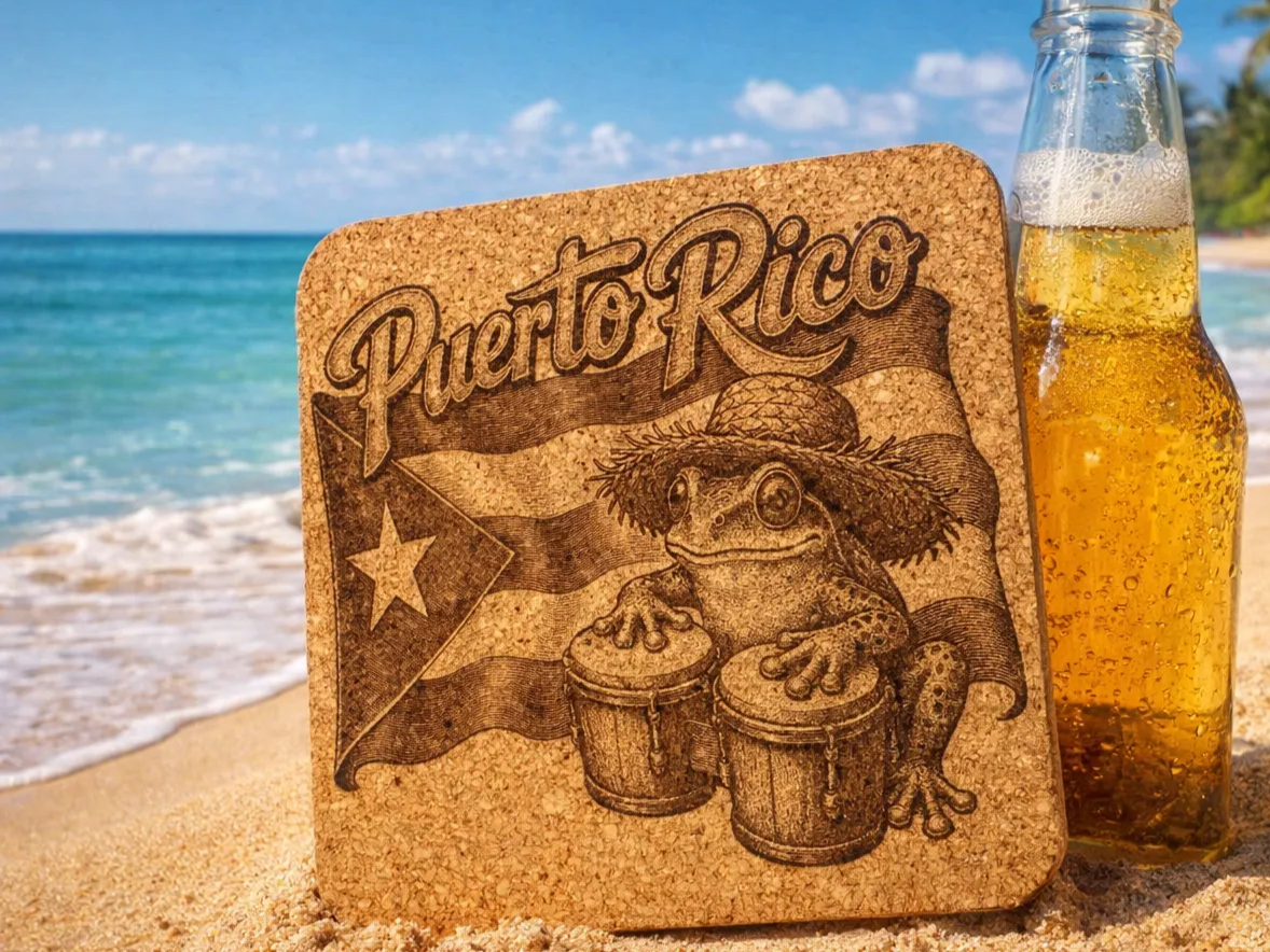 Puerto Rico Coqui Frog and Flag Cork Drink Coaster