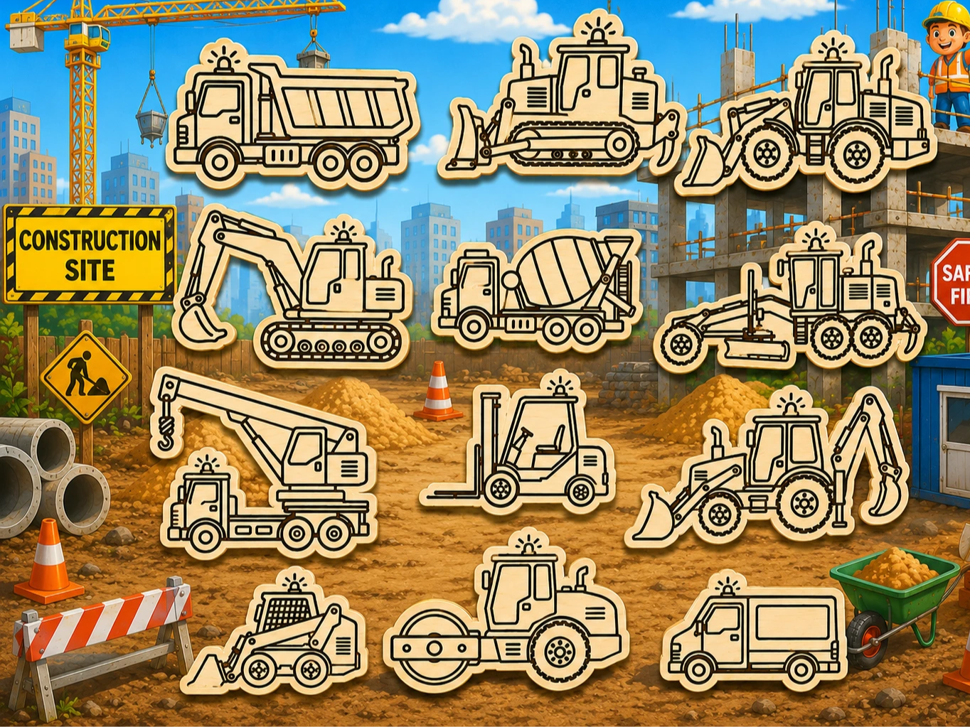 Construction Vehicle Fridge Magnets SVG XCS Bundle | Excavator, Bulldozer & Crane | Laser Cut Wooden Magnet Set for Kids