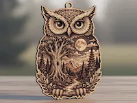 [Laser cut and engrave] Owl Shaped Hanging Ornament with Forest and Mountain Landscape