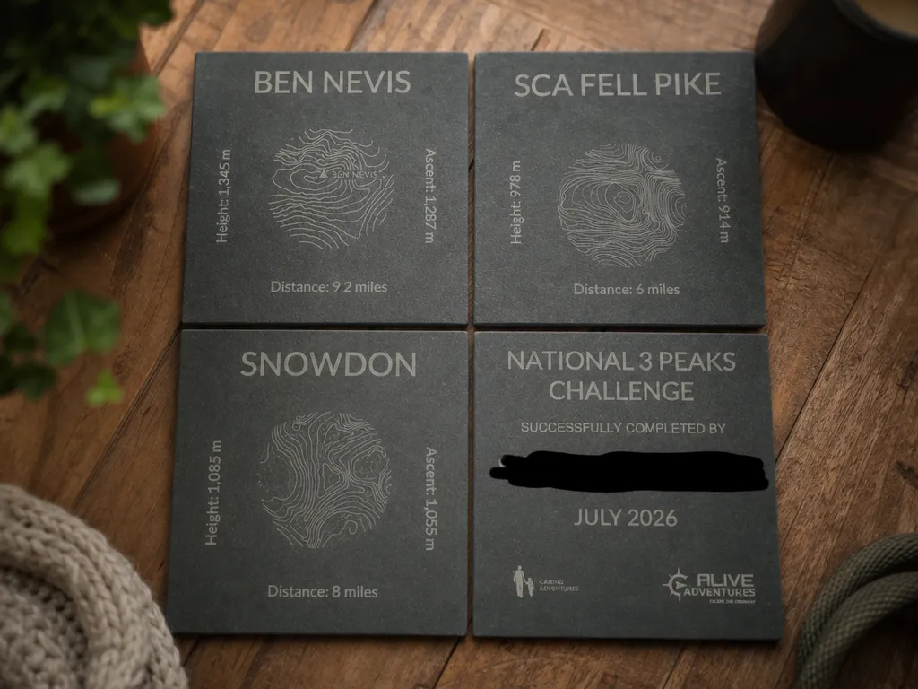 National Three Peaks Challenge Slate Coaster Set with Topographic Mountain Maps
