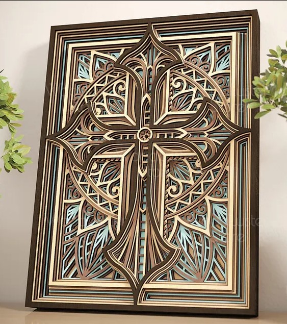 [Laser cut and engrave] Intricate Layered Wooden Cross Wall Art with Gothic Floral Motifs