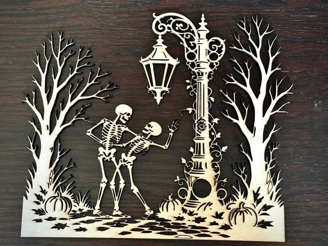 Skeleton Couple Dancing by a Streetlamp Halloween Wall Art