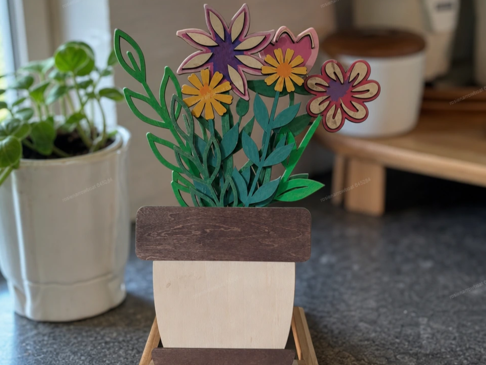 Wooden Potted Flower Bouquet Tabletop Centerpiece