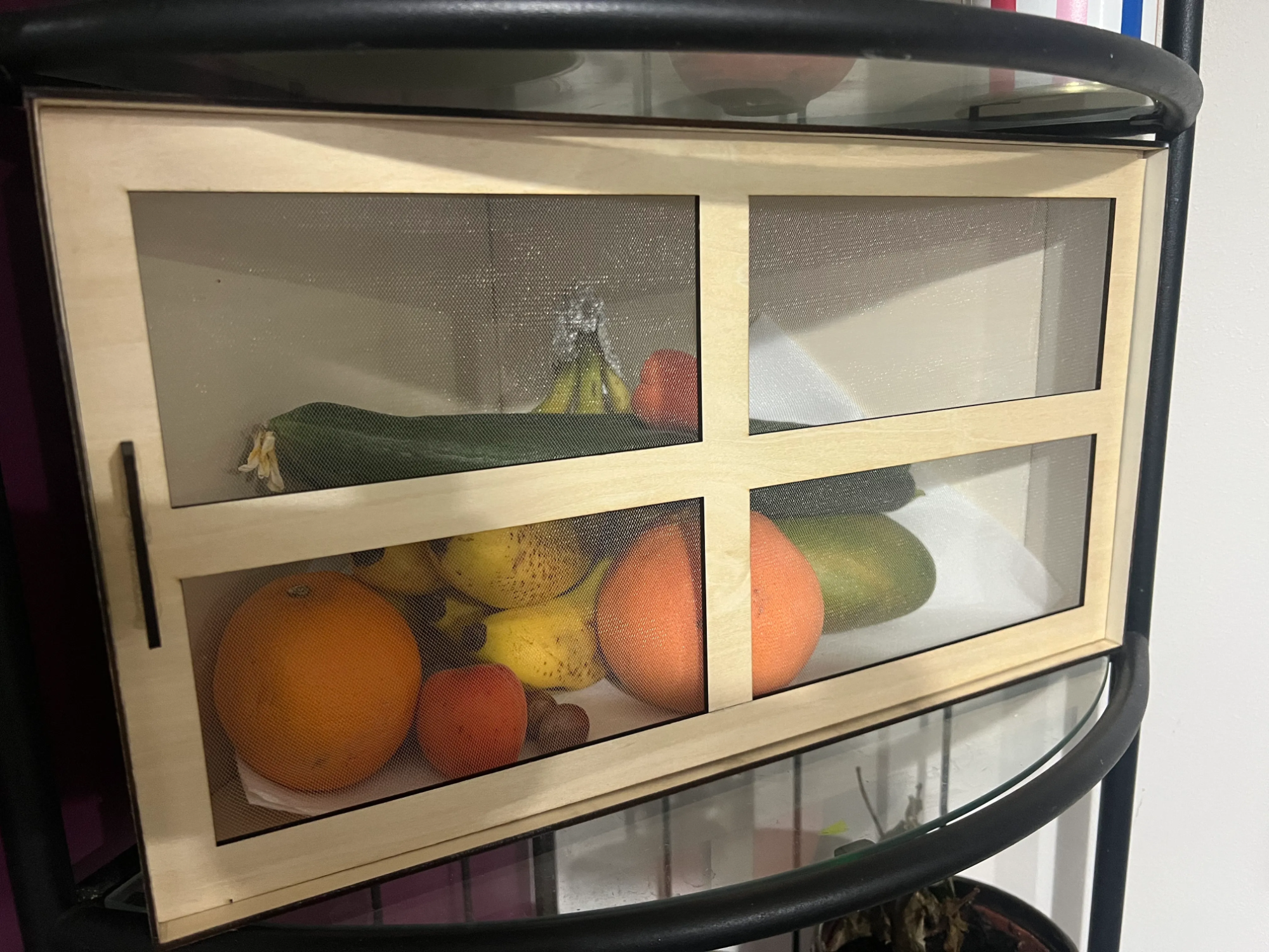 Garde manger, Boîte de rangement en bois avec façade grillagée pour fruits et légumes