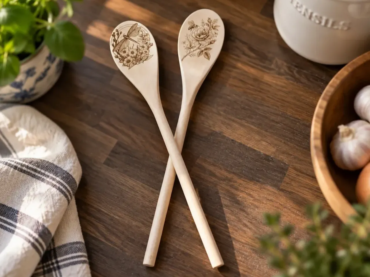 [Laser cut and engrave] Cuillères en bois avec motifs de libellule et de rose