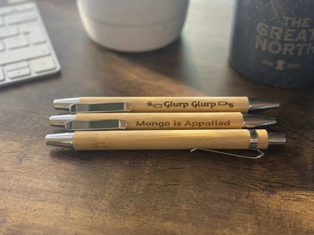 Bamboo ballpoint pens with custom text engravings