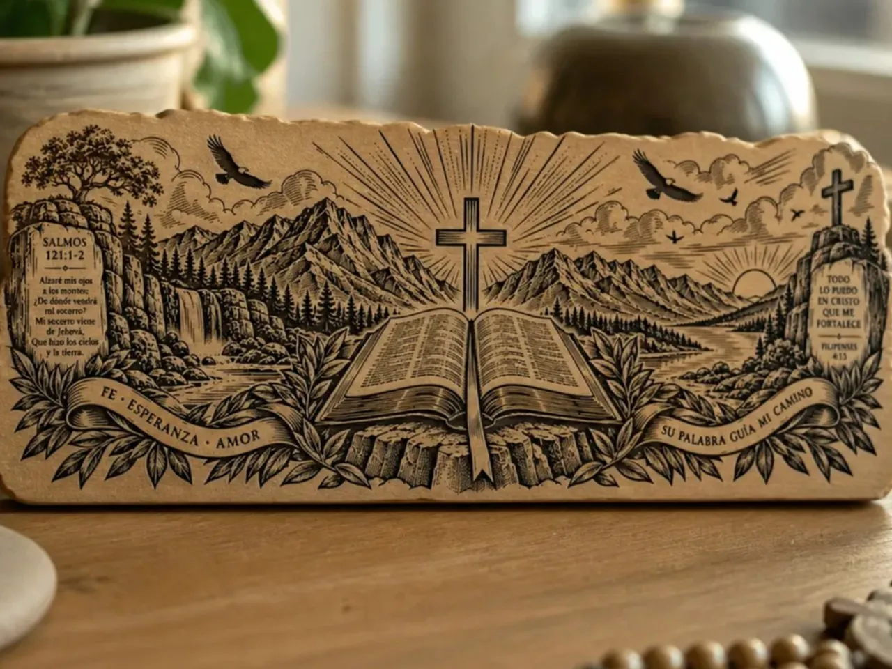 [Laser cut and engrave] Placa decorativa de piedra con versículos bíblicos y paisaje religioso
