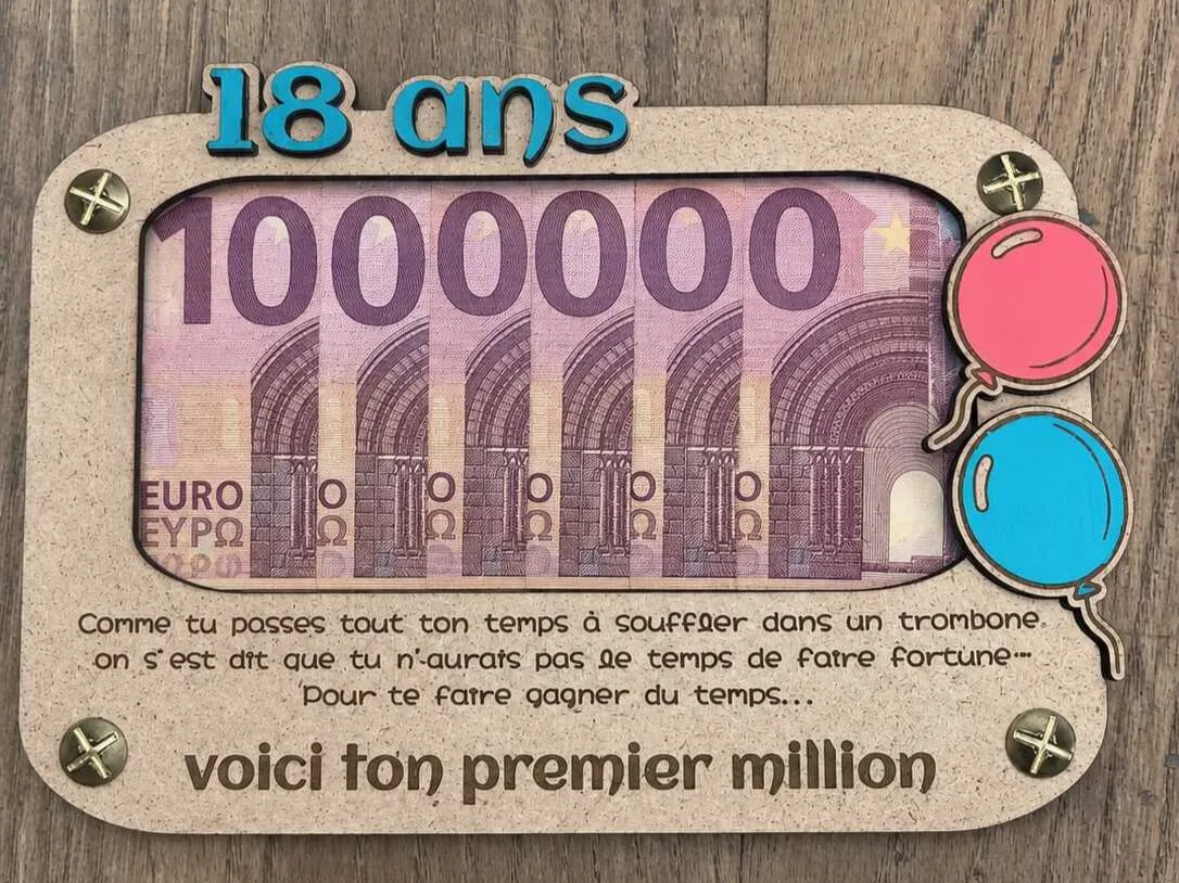Cadre tirelire anniversaire 18 ans avec message humoristique