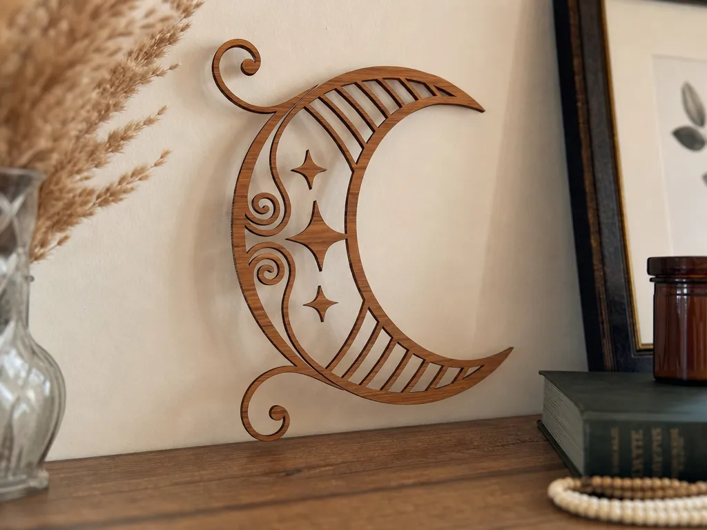 Crescent Moon Wall Hanging with Celestial Star Accents