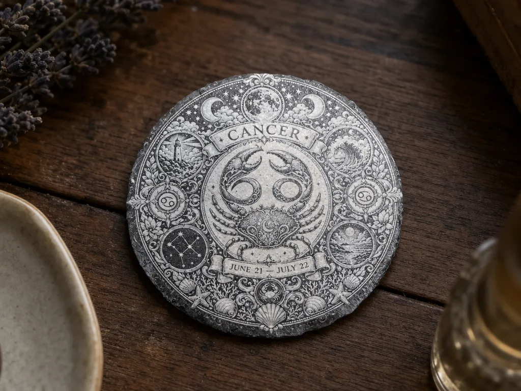 Cancer Zodiac Sign Round Slate Coaster with Crab Motif Newer Version