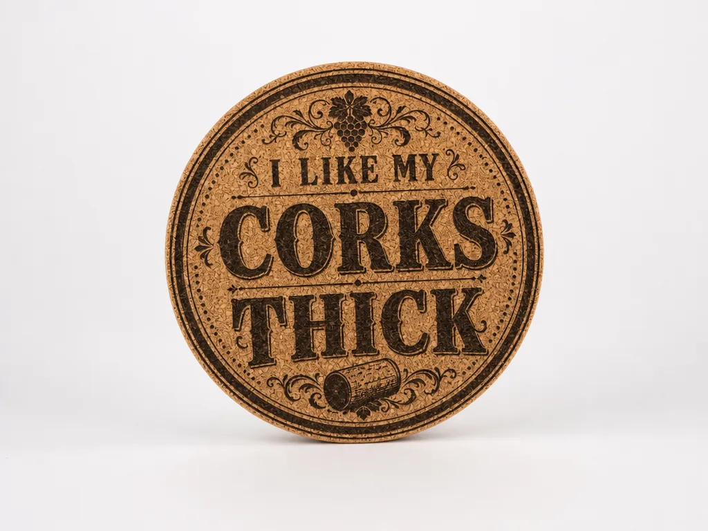 Round cork coaster with I Like My Corks Thick wine quote