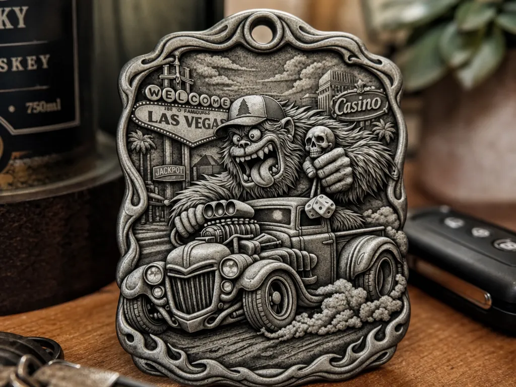 Las Vegas Bigfoot Driving Hot Rod Metal Keychain Keyring