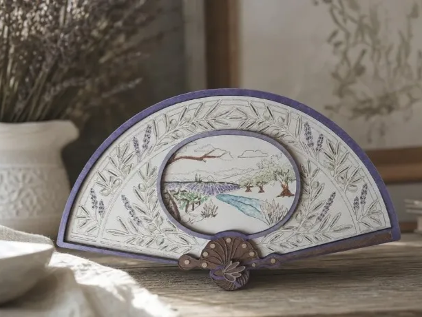 Éventail décoratif en bois avec illustration de paysage de lavande