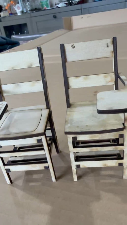 [Laser cut and engrave] Miniature wooden school college desk chairs with attached writing tablets