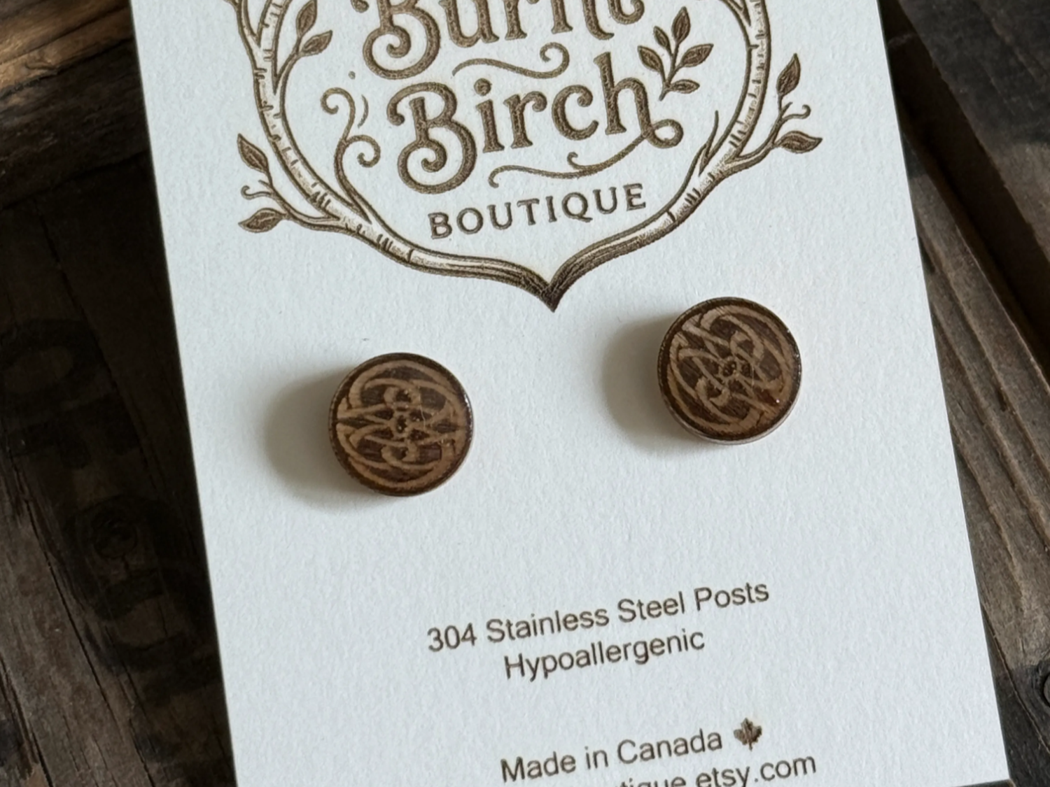 Round Wooden Stud Earrings with Celtic Knot Pattern