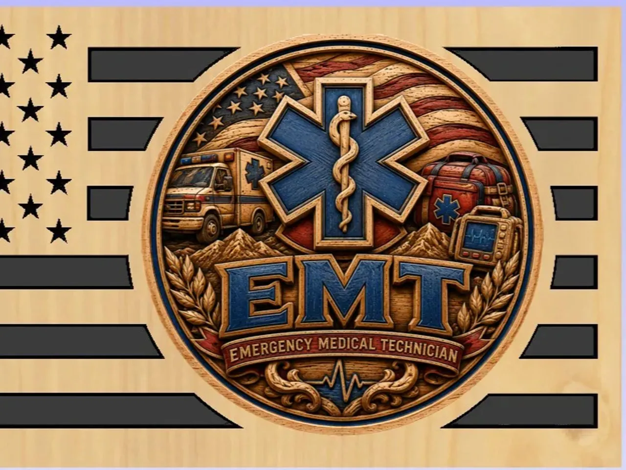 [Laser cut and engrave,DTF Printing,UV printing] EMT Emergency Medical Technician American Flag Wall Plaque
