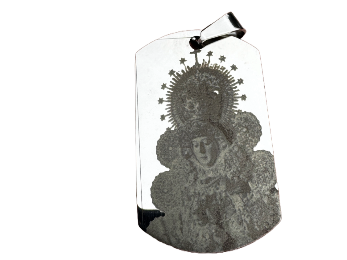 Grabado Virgen del Rocio en chapa acero inoxidable