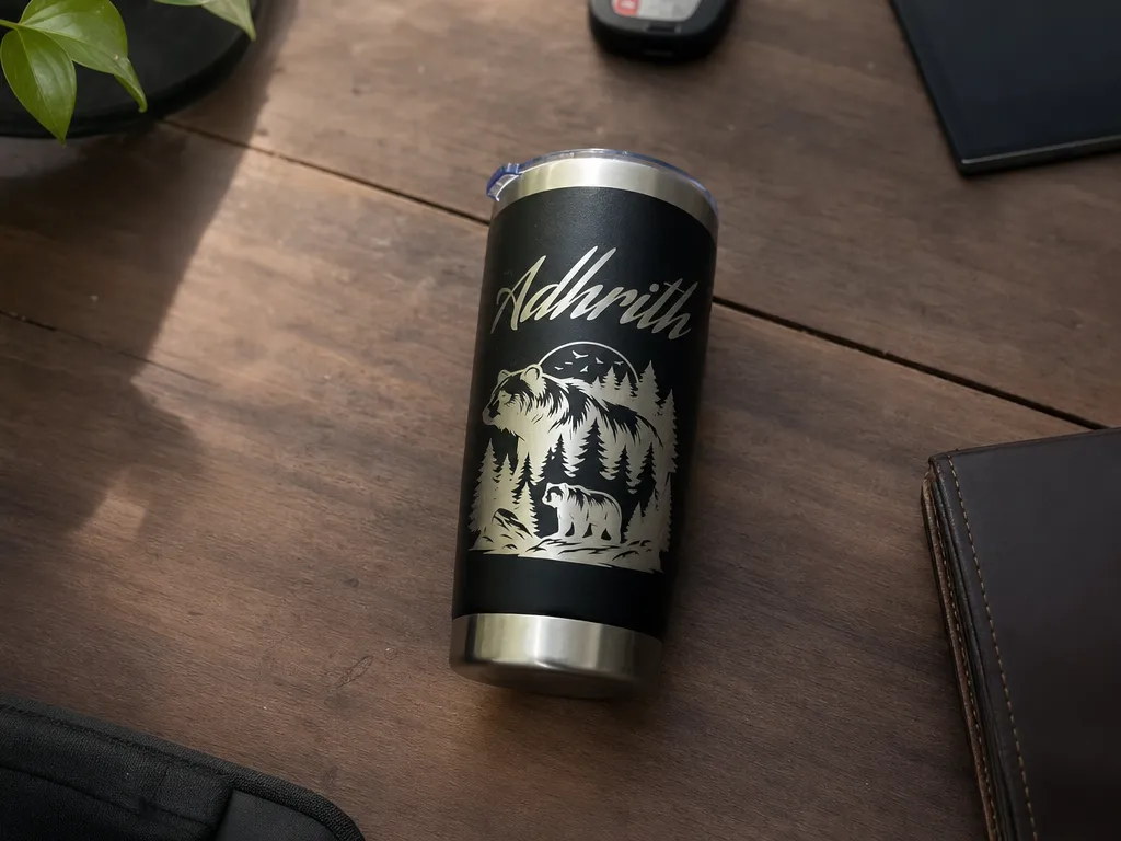 Black Insulated Tumbler Featuring Bear and Forest Wilderness Scene