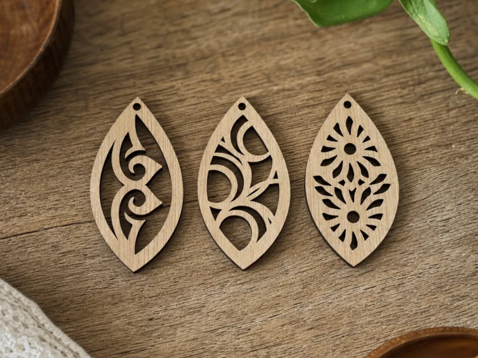 Leaf Shaped Wooden Earring Pendants with Cutout Patterns