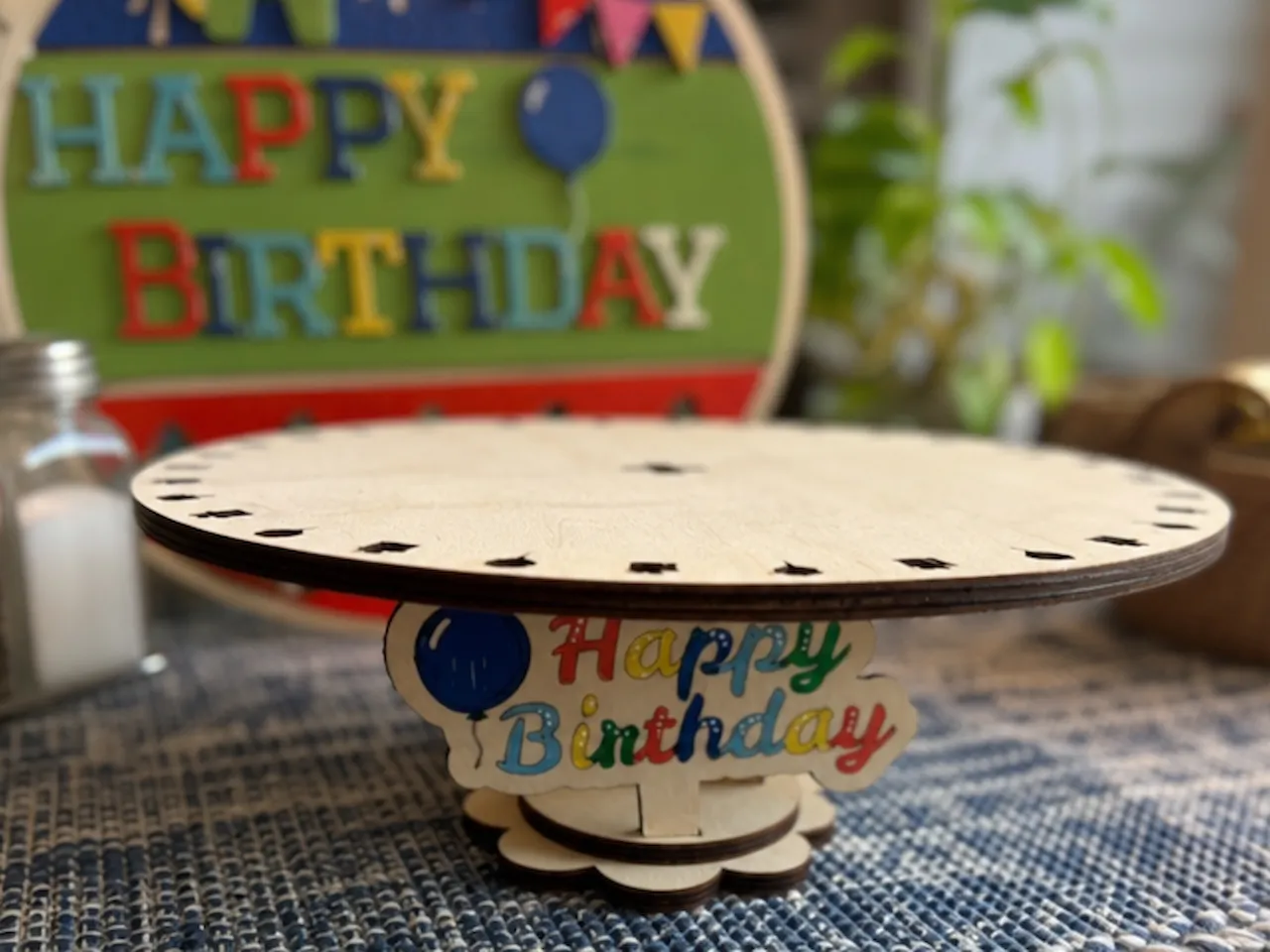 [Laser cut and engrave] Happy Birthday Wooden Cake Stand with Balloon and Present Cutouts