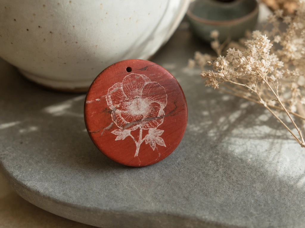 Red Jasper Stone Pendant with Sturt's Desert Rose Illustration