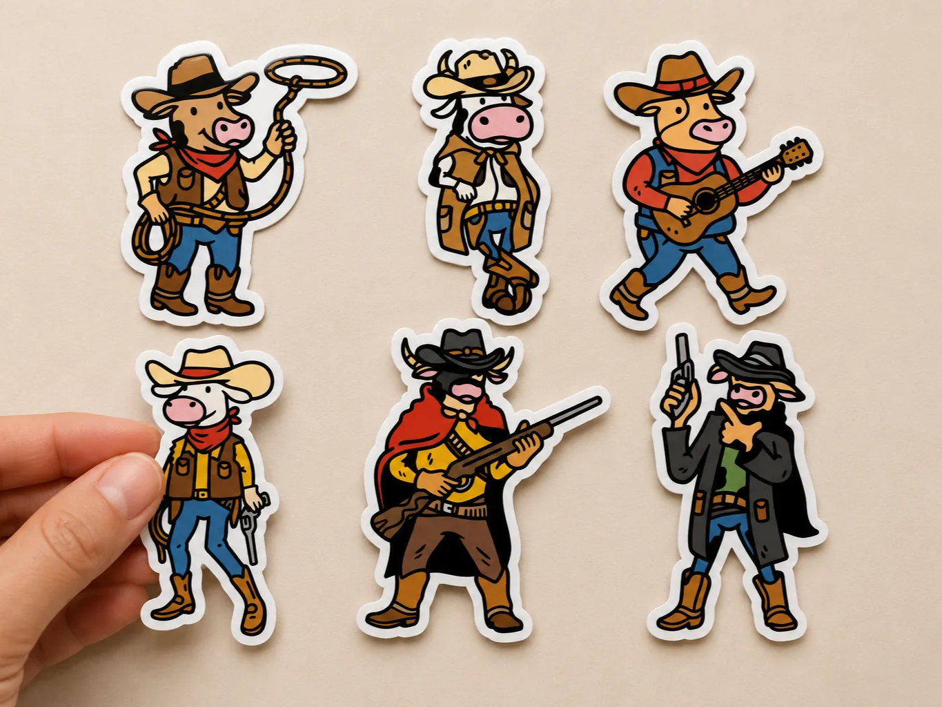 Cowboy Cow Character Stickers Set