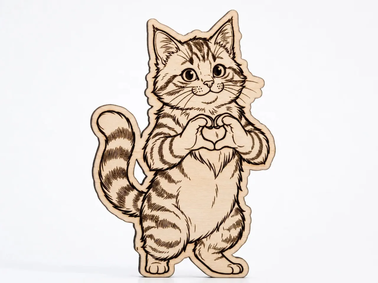 [Laser cut and engrave] Tabby Cat Making a Heart Shape with Paws Wooden Cutout