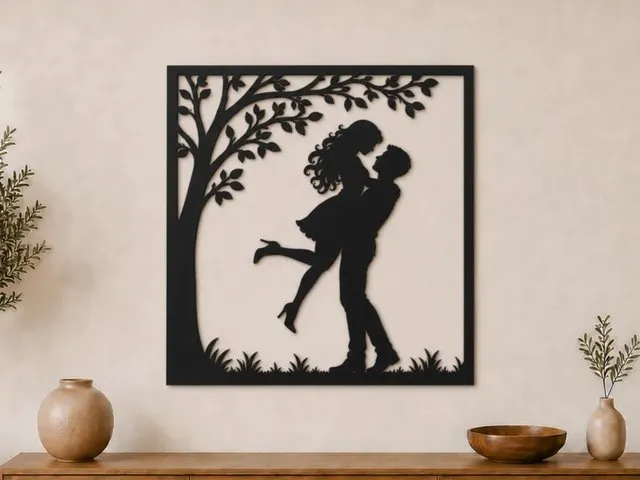 Romantic Couple Wall Art SVG | Kissing Silhouette Under Tree | Love Wedding Decor Laser Cut File Digital Download