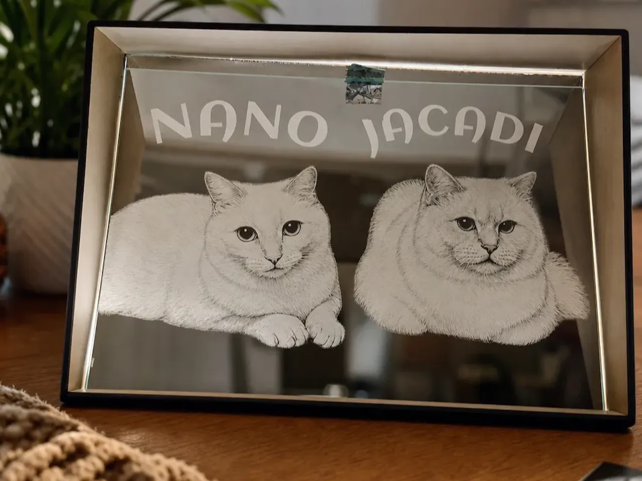 [Laser cut and engrave] Miroir personnalisé avec portrait de chats Nano et Jacadi