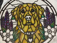 [Laser cut and engrave] Golden Retriever Stained Glass Window Hanging with Floral Background