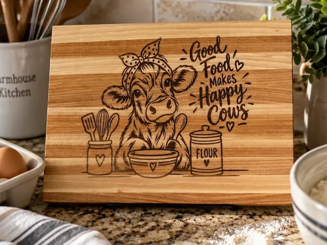 8x10x1 Maple cutting board with Cow and kitchen theme engraving