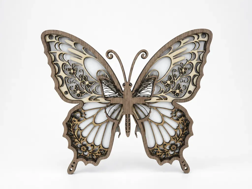 Papillon décoratif multicouche en bois avec motifs floraux ajourés