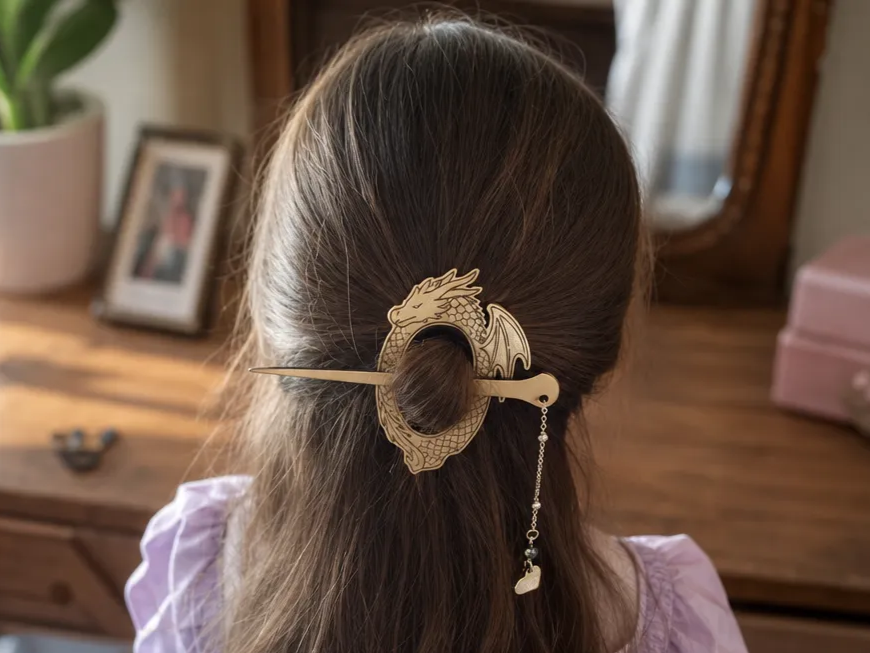 Fantasy Dragon Half-Up Hair Holder | Wooden Hair Stick | Laser Cut File | Hair Accessory - 2 sized (non commercial version)