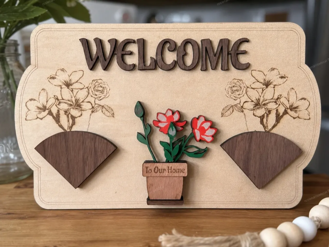 [Laser cut and engrave] Welcome Sign with Floral Potted Plant Motif