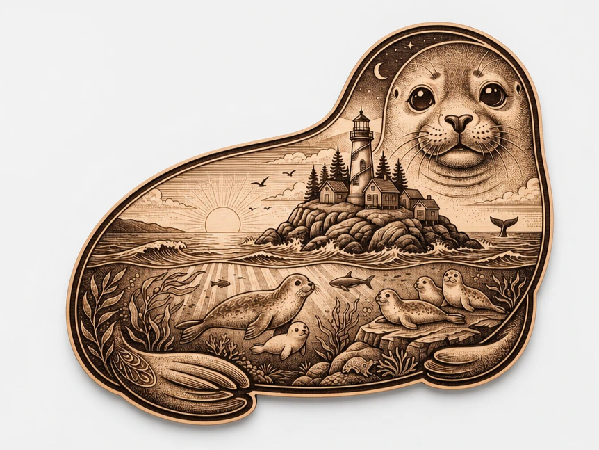 Seal Shaped Wall Art Featuring Coastal Lighthouse and Underwater Scene